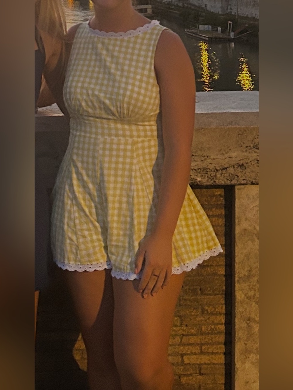 Yellow Gingham Lace-Trim Romper cottagecore